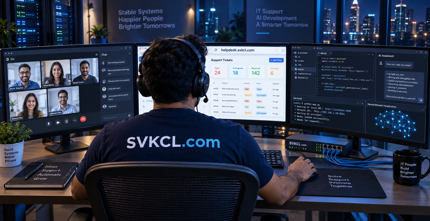 Illustration of an IT support specialist working across support and collaboration screens