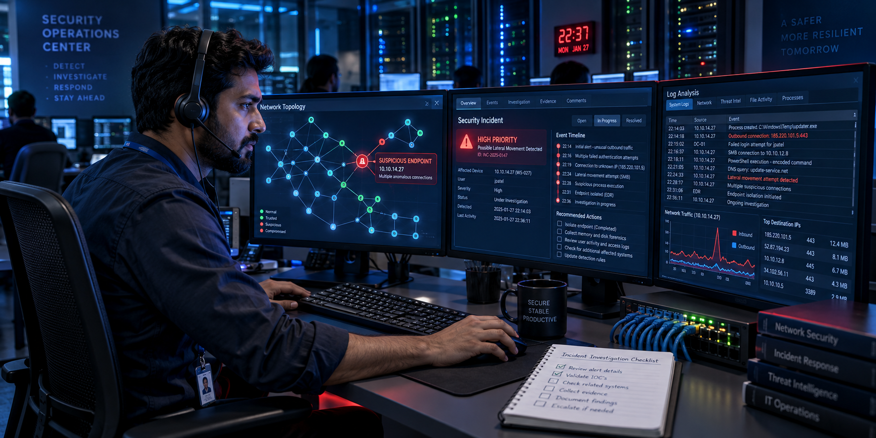 Illustration of a security analyst reviewing network alerts